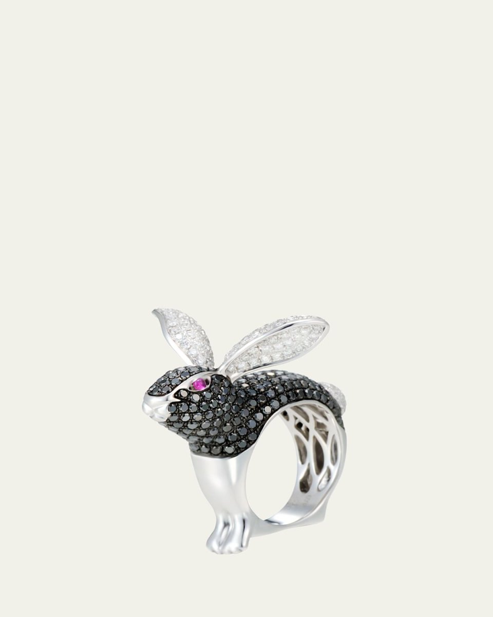 18k White Gold Black and White Diamond Bunny Ring